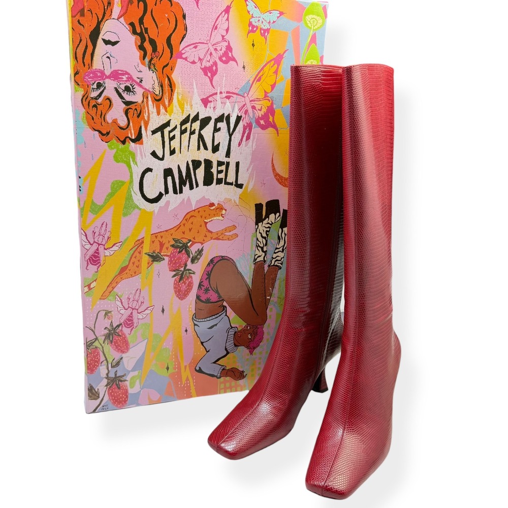 NIB Anthropologie Jeffrey Campbell Checkmate Red Knee High Boots 7.5 Lizard $210 - Picture 4 of 15